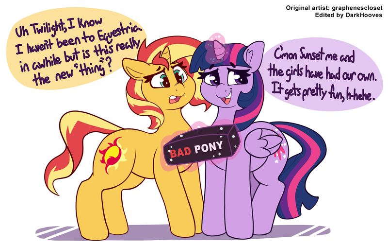 Size: 2697x1713 | Tagged: alicorn, artist:graphenescloset, bad dragon, box, duo, duo female, edit, editor:darkhooves, female, magic, magic aura, sex toy, speech bubble, suggestive, sunset shimmer, twilight sparkle, twilight sparkle (alicorn), unauthorized edit