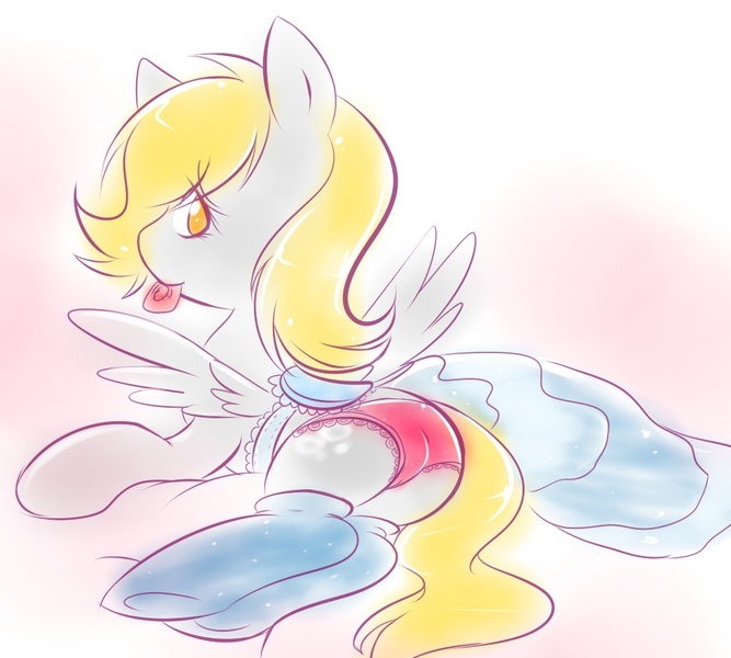 Size: 967x870 | Tagged: suggestive, artist:senseidezzy, banned from derpibooru, deleted from derpibooru, derpibooru import, derpy hooves, pegasus, pony, bedroom eyes, clothes, condom, condom in mouth, female, frilly underwear, looking at you, looking back, mare, mouth hold, no pupils, panties, pink underwear, prone, saddle, solo, solo female, tack, underwear