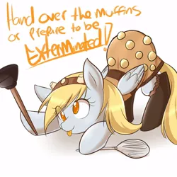 Size: 1000x1000 | Tagged: safe, artist:senseidezzy, banned from derpibooru, deleted from derpibooru, derpibooru import, derpy hooves, pegasus, pony, :p, clothes, costume, cute, dalek, doctor who, egg beater, face down ass up, female, hoof hold, mare, plunger, smiling, solo, tongue out