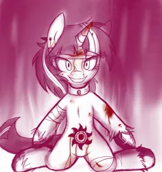 Size: 853x902 | Tagged: dead source, grimdark, artist:senseidezzy, banned from derpibooru, deleted from derpibooru, derpibooru import, twilight sparkle, pony, unicorn, bandage, blood, collar, pubic tattoo, slasher smile, tattoo, unicorn twilight, unshorn fetlocks