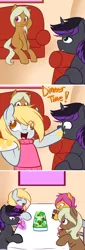 Size: 750x2216 | Tagged: safe, artist:jake heritagu, artist:senseidezzy, deleted from derpibooru, derpibooru import, derpy hooves, scootaloo, oc, oc:sandy hooves, oc:warden, pony, ask pregnant scootaloo, alcohol, ask, chocolate bar, clothes, comic, couch, female, filly, food, lady derpy's photo shoot, muffin, pregnant, pregnant scootaloo, salad, sweater, wine