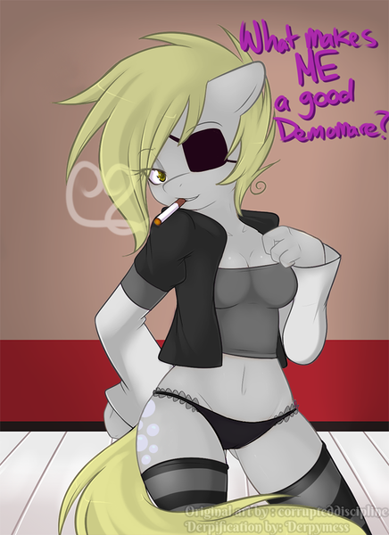 Size: 727x1000 | Tagged: questionable, artist:senseidezzy, artist:therealderpy, deleted from derpibooru, derpibooru import, derpy hooves, anthro, breasts, busty derpy hooves, cameltoe, cigarette, clothes, demoderp, demoman, eyepatch, female, panties, smoking, team fortress 2, underwear