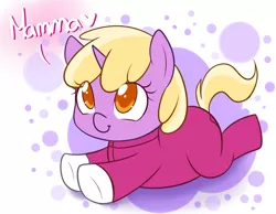 Size: 900x697 | Tagged: dead source, safe, artist:senseidezzy, deleted from derpibooru, derpibooru import, dinky hooves, butt flap, clothes, cute, female, filly, foal, footed sleeper, heart, looking up, pajamas, prone, smiling, solo