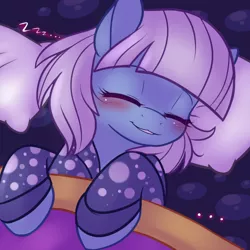 Size: 750x750 | Tagged: dead source, safe, artist:senseidezzy, deleted from derpibooru, derpibooru import, photo finish, pony, bangs, bed, blanket, blushing, clothes, cute, eyes closed, female, graceful, grin, mare, on back, onomatopoeia, pajamas, sleeping, smiling, sound effects, zzz