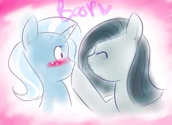 Size: 991x721 | Tagged: safe, artist:senseidezzy, deleted from derpibooru, derpibooru import, marble pie, trixie, blushing, boop, female, lesbian, marbixie, shipping