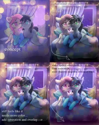 Size: 1349x1696 | Tagged: safe, artist:dawnfire, paywalled source, oc, oc:midnight aegis, oc:peach hack, unofficial characters only, bat pony, pegasus, pony, bat pony oc, bat wings, bed, bedroom, blushing, clothes, couple, cuddling, cute, female, indoors, male, mare, oc x oc, one eye closed, peagis, pillow, shipping, smiling, socks, stallion, straight, text, tutorial, wings, wink, wip