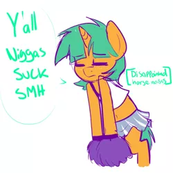 Size: 500x500 | Tagged: safe, artist:senseidezzy, deleted from derpibooru, derpibooru import, snails, pony, unicorn, belly button, bipedal, cheerleader, clothes, crossdressing, cute, descriptive noise, disappointed, eyes closed, glitter shell, horse noises, male, midriff, pom pom, skirt, slur, smh, solo, trap, vulgar