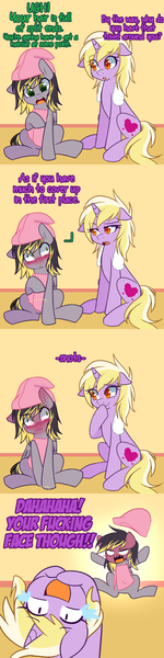 Size: 900x3600 | Tagged: safe, artist:senseidezzy, deleted from derpibooru, derpibooru import, dinky hooves, oc, oc:aero, pegasus, pony, aero replies, angry, bath, blushing, blushing profusely, brother and sister, colt, comic, crying, dialogue, duo, female, hair, half-siblings, laughing, male, offspring, older, older dinky hooves, parent:derpy hooves, parent:oc:warden, parents:canon x oc, parents:warderp, siblings, tears of laughter, teasing, towel, vulgar, wet, wet mane, yelling