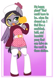 Size: 878x1258 | Tagged: safe, artist:senseidezzy, deleted from derpibooru, derpibooru import, oc, oc:aero, unofficial characters only, pegasus, pony, semi-anthro, aero replies, ask, belt, bipedal, clothes, colt, crossdressing, dress, eyeliner, hat, lipstick, makeup, male, mirror, offspring, parent:derpy hooves, parent:oc:warden, parents:canon x oc, parents:warderp, shirt, shoes, socks, solo, stockings, sweater, thigh highs, trap, tumblr
