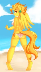 Size: 1106x1920 | Tagged: suggestive, artist:senseidezzy, deleted from derpibooru, derpibooru import, spitfire, anthro, pegasus, ass, beach, bikini, breasts, butt, clothes, clover, female, firebutt, four leaf clover, looking at you, looking back, looking back at you, sexy, smiling, solo, solo female, stupid sexy spitfire, swimsuit, wedgie