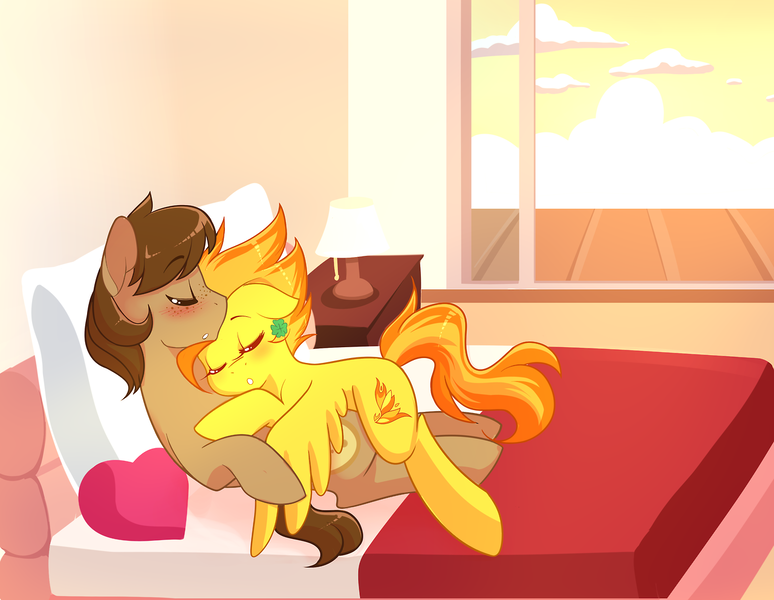Size: 1280x992 | Tagged: safe, artist:senseidezzy, deleted from derpibooru, derpibooru import, spitfire, oc, oc:chocolate chips, earth pony, pegasus, pony, bed, blushing, canon x oc, clover, eyes closed, female, firechips, four leaf clover, freckles, heart, heart pillow, male, mare, pillow, shipping, sleeping, stallion, straight
