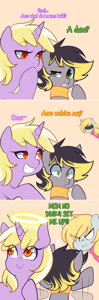 Size: 900x2710 | Tagged: safe, artist:senseidezzy, deleted from derpibooru, derpibooru import, derpy hooves, dinky hooves, oc, oc:aero, pegasus, pony, aero replies, brother and sister, clothes, colt, comic, female, half-siblings, halo, male, mare, mother and child, offspring, orange background, parent:derpy hooves, parent:oc:warden, parents:canon x oc, parents:warderp, scarf, siblings, simple background