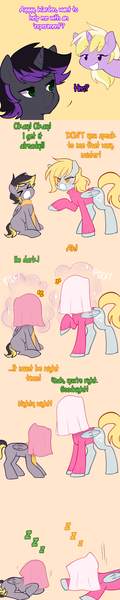 Size: 900x4500 | Tagged: safe, artist:senseidezzy, deleted from derpibooru, derpibooru import, derpy hooves, dinky hooves, oc, oc:aero, oc:warden, bird, pegasus, pony, unicorn, aero replies, angry, behaving like a bird, blanket, clothes, colt, comic, family, female, magic, male, mother and child, mother and son, offspring, onomatopoeia, orange background, parent:derpy hooves, parent:oc:warden, parents:canon x oc, parents:warderp, scarf, simple background, sleeping, sound effects, stallion, step-parent and step-child, sweater, towel, tumblr, zzz