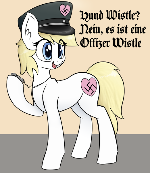 Size: 1948x2240 | Tagged: safe, artist:anonymous, oc, oc:aryanne, art pack:marenheit 451, aryanbetes, cute, german, hat, image, /mlp/, nazi, png, raised hoof, standing, swastika, text, whistle, whistle necklace