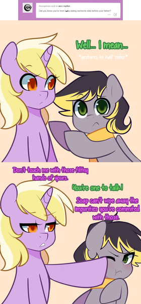 Size: 900x1929 | Tagged: safe, artist:senseidezzy, banned from derpibooru, deleted from derpibooru, derpibooru import, dinky hooves, oc, oc:aero, pegasus, pony, aero replies, ask, brother and sister, clothes, colt, comic, duo, female, femboy, gesture, half-siblings, hooves, male, offspring, older, older dinky hooves, parent:derpy hooves, parent:oc:warden, parents:canon x oc, parents:warderp, pushing, scarf, siblings, tumblr