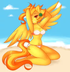 Size: 1280x1331 | Tagged: suggestive, artist:senseidezzy, deleted from derpibooru, derpibooru import, spitfire, anthro, unguligrade anthro, armpits, bedroom eyes, belly button, bikini, breasts, busty spitfire, clothes, female, midriff, sexy, smiling, solo, solo female, spread wings, stupid sexy spitfire, swimsuit, wings