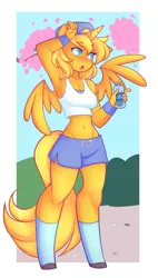 Size: 1730x3041 | Tagged: safe, artist:senseidezzy, deleted from derpibooru, derpibooru import, edit, oc, oc:ticket, unofficial characters only, alicorn, anthro, unguligrade anthro, alicorn oc, anatomically incorrect, armpits, backwards ballcap, baseball cap, belly button, breasts, cap, cleavage, clothes, female, floppy ears, hat, horn, incorrect leg anatomy, midriff, open mouth, outdoors, pointing, shoes, simple background, snapback, socks, solo, sweat, sweatband, tanktop, water bottle, wings, workout outfit