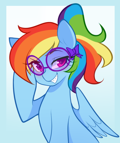 Size: 492x585 | Tagged: safe, artist:senseidezzy, deleted from derpibooru, derpibooru import, rainbow dash, pegasus, pony, adorkable, alternate hairstyle, blushing, bow, braces, cute, dashabetes, dork, egghead, female, glasses, hair bow, mare, ponytail, rainbow dork, smiling, solo