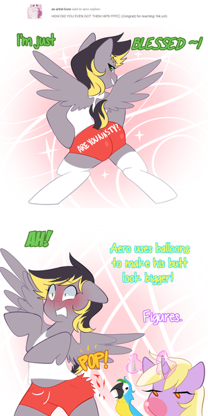 Size: 900x1800 | Tagged: safe, artist:senseidezzy, deleted from derpibooru, derpibooru import, dinky hooves, oc, oc:aero, bird, parrot, pegasus, pony, aero replies, ask, balloon, balloon popping, bipedal, blushing, booty shorts, brother and sister, butt, clothes, colt, comic, female, food, glowing horn, gum, half-siblings, horn, levitation, magic, male, offspring, older, older dinky hooves, parent:derpy hooves, parent:oc:warden, parents:canon x oc, parents:warderp, plot, popping, shirt, shorts, siblings, stockings, telekinesis, thigh highs, trap, tumblr, wide hips