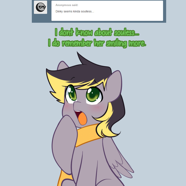 Size: 900x900 | Tagged: safe, artist:senseidezzy, deleted from derpibooru, derpibooru import, oc, oc:aero, unofficial characters only, pegasus, pony, aero replies, ask, clothes, colt, dialogue, male, offspring, open mouth, parent:derpy hooves, parent:oc:warden, parents:canon x oc, parents:warderp, scarf, simple background, solo, tumblr