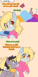 Size: 1280x2560 | Tagged: safe, artist:senseidezzy, deleted from derpibooru, derpibooru import, derpy hooves, oc, oc:aero, pegasus, pony, comic:when aero met glitter, aero replies, ass up, bag, blank flank, booty booty booty booty rockin' everywhere, clothes, colt, comic, face down ass up, female, male, mare, mother and child, mother and son, offspring, orange background, parent:derpy hooves, parent:oc:warden, parents:canon x oc, parents:warderp, pleated skirt, saddle bag, scarf, simple background, skirt, sock, sweater