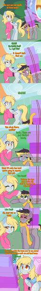 Size: 1280x8960 | Tagged: safe, artist:senseidezzy, deleted from derpibooru, derpibooru import, derpy hooves, oc, oc:aero, pegasus, pony, comic:when aero met glitter, aero replies, bag, box, carrying, clothes, colt, comic, crushed, duo, female, heavy, male, mare, mother and child, mother and son, offspring, parent:derpy hooves, parent:oc:warden, parents:canon x oc, parents:warderp, saddle bag, scarf, struggling, sweater, tumblr, turtleneck, weak