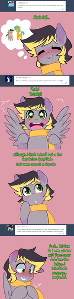 Size: 1280x5120 | Tagged: safe, artist:senseidezzy, deleted from derpibooru, derpibooru import, snails, oc, oc:aero, unofficial characters only, pegasus, pony, comic:when aero met glitter, :3, aero replies, aeroshell, ask, blushing, canon x oc, clothes, colt, comic, cute, gay, glitter shell, male, nervous, offspring, parent:derpy hooves, parent:oc:warden, parents:canon x oc, parents:warderp, red background, scarf, shipping, simple background, solo, tall, tapping, thought bubble, trap, tumblr, wings