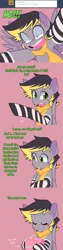 Size: 1280x5120 | Tagged: safe, artist:senseidezzy, deleted from derpibooru, derpibooru import, oc, oc:aero, unofficial characters only, pegasus, pony, comic:when aero met glitter, aero replies, ask, box, clothes, colt, comic, crossdressing, cute, makeup, male, no, offspring, parent:derpy hooves, parent:oc:warden, parents:canon x oc, parents:warderp, red background, scarf, simple background, socks, solo, striped socks, trap, tumblr