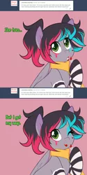 Size: 1280x2560 | Tagged: safe, artist:senseidezzy, deleted from derpibooru, derpibooru import, oc, oc:aero, unofficial characters only, pony, aero replies, ask, clothes, colt, comic, crossdressing, cute, eyeliner, hair, highlights, lipstick, makeup, male, offspring, one eye closed, parent:derpy hooves, parent:oc:warden, parents:canon x oc, parents:warderp, scarf, socks, solo, striped socks, tumblr, wink