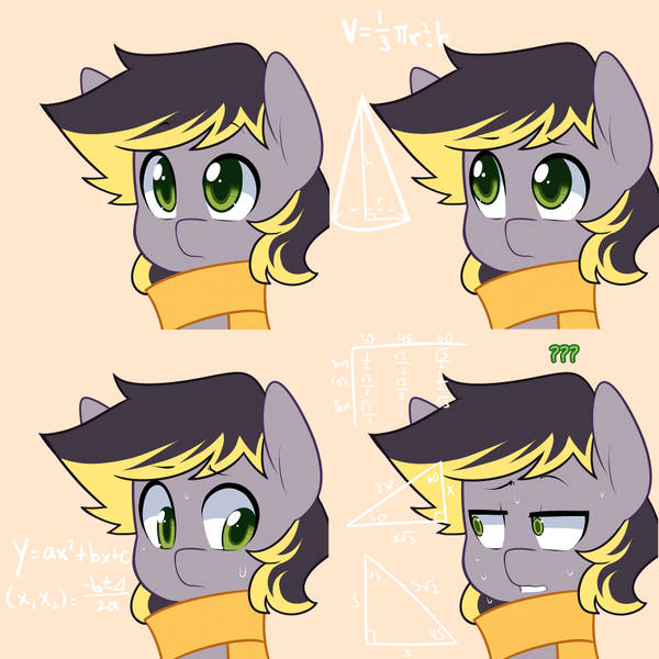 Size: 900x900 | Tagged: safe, artist:senseidezzy, deleted from derpibooru, derpibooru import, oc, oc:aero, unofficial characters only, pegasus, pony, aero replies, clothes, colt, comic, confused, cute, equation, geometry, male, math, math lady meme, meme, nervous, offspring, orange background, parent:derpy hooves, parent:oc:warden, parents:canon x oc, parents:warderp, scarf, simple background, solo, sweat