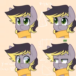 Size: 900x900 | Tagged: safe, artist:senseidezzy, deleted from derpibooru, derpibooru import, oc, oc:aero, unofficial characters only, pegasus, pony, aero replies, clothes, colt, comic, confused, cute, equation, geometry, male, math, math lady meme, meme, nervous, offspring, orange background, parent:derpy hooves, parent:oc:warden, parents:canon x oc, parents:warderp, scarf, simple background, solo, sweat