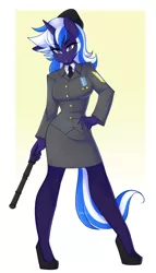 Size: 1100x1920 | Tagged: safe, artist:senseidezzy, deleted from derpibooru, derpibooru import, oc, oc:aether aura, unofficial characters only, anthro, unicorn, anthro oc, clothes, female, military uniform, skirt, solo, tube skirt