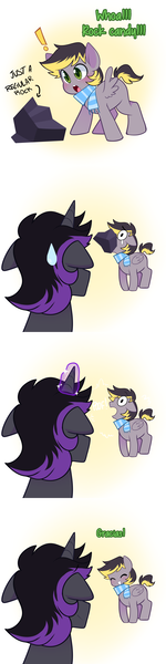 Size: 1280x5120 | Tagged: safe, artist:senseidezzy, deleted from derpibooru, derpibooru import, oc, oc:aero, oc:warden, unofficial characters only, pegasus, pony, unicorn, :o, aero replies, clothes, colt, comic, cute, duo, father and child, father and son, gratuitous spanish, idiot, imminent darwin award, male, offspring, open mouth, parent:derpy hooves, parent:oc:warden, parents:canon x oc, parents:warderp, rock, scarf, stallion, stupidity, sweat, sweatdrop, teleportation, too dumb to live, tumblr