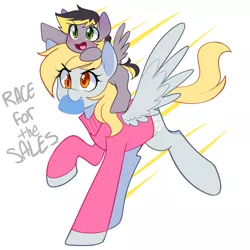Size: 1280x1280 | Tagged: safe, artist:senseidezzy, deleted from derpibooru, derpibooru import, derpy hooves, oc, oc:aero, pegasus, pony, aero replies, black friday, clothes, colt, cute, duo, female, male, mare, mother and child, mother and son, mouth hold, offspring, parent:derpy hooves, parent:oc:warden, parents:canon x oc, parents:warderp, ponies riding ponies, pony hat, purse, riding, scarf, simple background, sweater, white background