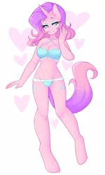 Size: 1903x3164 | Tagged: suggestive, artist:senseidezzy, deleted from derpibooru, derpibooru import, edit, pinkie pie, rarity, oc, oc:gorgeous gala, anthro, unguligrade anthro, unicorn, bedroom eyes, belly button, bikini, bikini babe, breasts, cleavage, clothes, eyeshadow, female, fusion, fusion:gorgeous gala, horn, image, lidded eyes, looking at you, makeup, my waifus have fused, png, pose, sexy, smiling, solo, solo female, stupid sexy oc, swimsuit