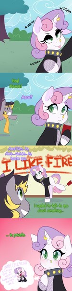 Size: 1280x5120 | Tagged: safe, artist:senseidezzy, deleted from derpibooru, derpibooru import, sweetie belle, oc, oc:aero, pegasus, pony, comic:when aero met glitter, aero replies, clothes, colt, comic, crush, horn, horn piercing, male, meanie belle, offspring, parent:derpy hooves, parent:oc:warden, parents:canon x oc, parents:warderp, piercing, scarf, senpai noticed me, spray can, spray paint, thought bubble, tumblr