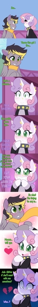 Size: 1280x10240 | Tagged: safe, artist:senseidezzy, deleted from derpibooru, derpibooru import, sweetie belle, oc, oc:aero, pegasus, pony, comic:when aero met glitter, aero replies, blushing, canon x oc, clothes, clueless, colt, comic, crush, crying, cute, ear piercing, earring, excited, friendzone, heart, heart eyes, heartbreak, horn, horn piercing, jewelry, male, meanie belle, offspring, parent:derpy hooves, parent:oc:warden, parents:canon x oc, parents:warderp, piercing, sad, scarf, shipping, tumblr, wingding eyes