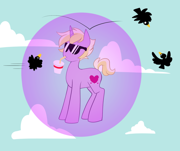 Size: 1182x990 | Tagged: safe, artist:senseidezzy, deleted from derpibooru, derpibooru import, dinky hooves, bird, bubble, drink, flying, magic bubble, older, soda, solo, sunglasses