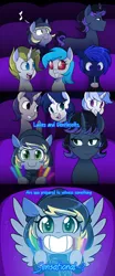 Size: 1280x3072 | Tagged: safe, artist:senseidezzy, deleted from derpibooru, derpibooru import, oc, oc:aero, oc:neutrino burst, oc:warden, unofficial characters only, pegasus, pony, aero replies, audience, chair, colt, comic, concert, crossdressing, excited, father and child, father and son, glowstick, grin, hat, male, music notes, offspring, parent:derpy hooves, parent:oc:warden, parents:canon x oc, parents:warderp, smiling, spread wings, teeth, theater, trap, tumblr, wings