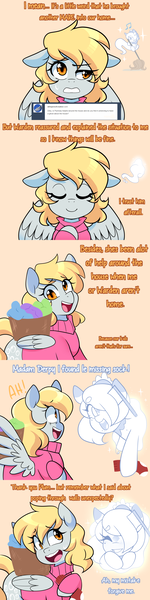 Size: 1280x5120 | Tagged: safe, artist:senseidezzy, deleted from derpibooru, derpibooru import, derpy hooves, oc, oc:plumeau, ghost, pegasus, pony, undead, aero replies, ask, clothes, comic, hatchet, laundry, laundry basket, mop, music notes, sock, startled, sweater, talking to viewer, tumblr