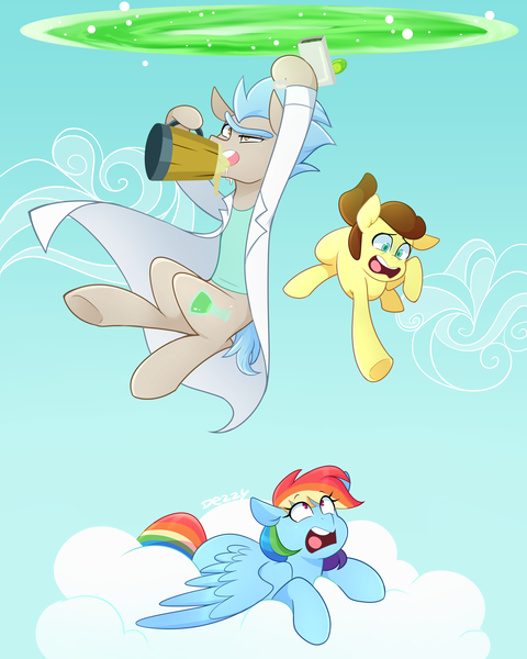 Size: 3600x4500 | Tagged: safe, artist:senseidezzy, deleted from derpibooru, derpibooru import, pony morty, pony rick, rainbow dash, ponified, earth pony, pegasus, pony, grannies gone wild, cider, clothes, cloud, colt, falling, female, lab coat, looking up, male, mare, morty smith, mug, portal gun (rick and morty), rick and morty, rick sanchez, screaming, sky, stallion, tankard