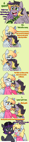 Size: 1280x6144 | Tagged: safe, artist:senseidezzy, deleted from derpibooru, derpibooru import, derpy hooves, oc, oc:aero, oc:warden, pegasus, pony, unicorn, aero replies, clothes, colt, comic, crying, female, hug, male, misspelling, mother, mother and child, mother and son, offspring, parent:derpy hooves, parent:oc:warden, parents:canon x oc, parents:warderp, sad, scarf, son, sweater, winghug