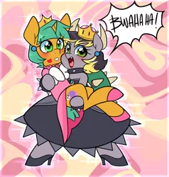 Size: 1280x1347 | Tagged: safe, artist:senseidezzy, deleted from derpibooru, derpibooru import, snails, oc, oc:aero, pegasus, pony, unicorn, aeroshell, bipedal, blushing, bowsette, bridal carry, canon x oc, carrying, clothes, cosplay, costume, crossdressing, crown, dress, ear piercing, earring, gay, glitter shell, gloves, high heels, holding a pony, jewelry, kiss mark, lipstick, long gloves, male, offspring, offspring shipping, parent:derpy hooves, parent:oc:warden, parents:canon x oc, parents:warderp, piercing, princess peach, regalia, shipping, shoes, super crown, super mario bros.