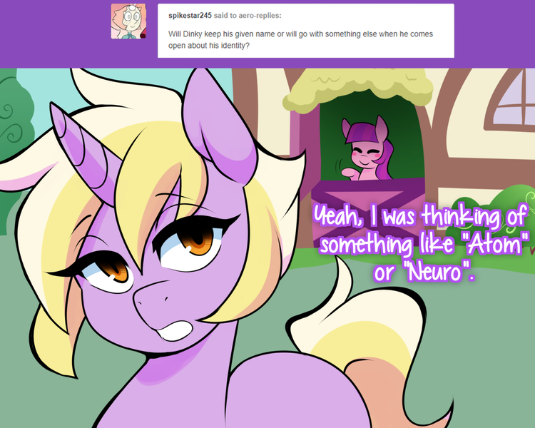 Size: 1280x1024 | Tagged: safe, artist:senseidezzy, deleted from derpibooru, derpibooru import, dinky hooves, lily longsocks, pony, unicorn, aero replies, ask, dinkily, door, female, lesbian, male, older, shipping, trans boy, transgender, tumblr, waving