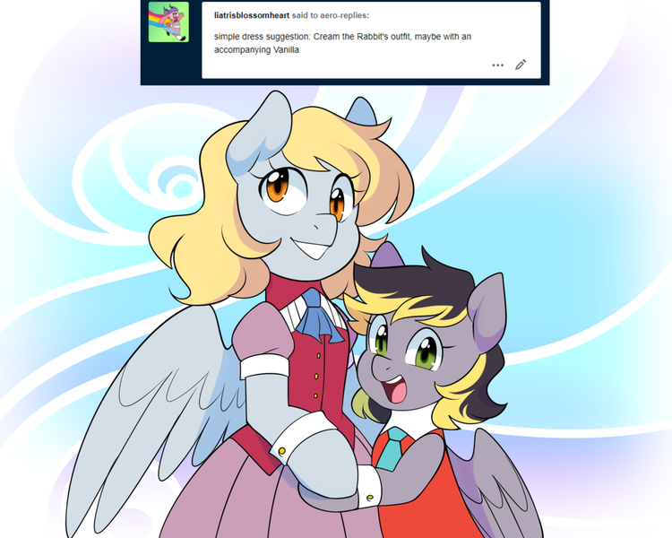 Size: 1280x1024 | Tagged: safe, artist:senseidezzy, deleted from derpibooru, derpibooru import, derpy hooves, oc, oc:aero, pegasus, pony, clothes, cosplay, costume, cream the rabbit, crossdressing, crossover, dress, female, happy, hug, male, offspring, parent:derpy hooves, parent:oc:warden, parents:canon x oc, parents:warderp, sonic the hedgehog (series), vanilla the rabbit