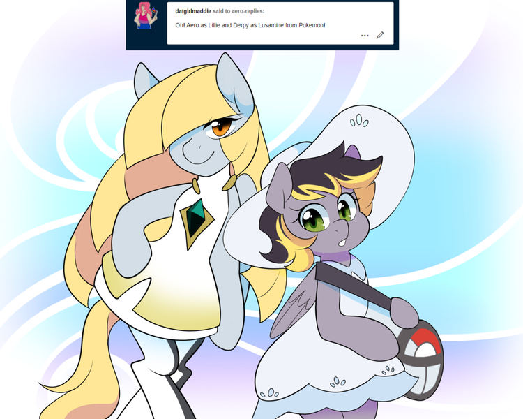 Size: 1280x1024 | Tagged: safe, artist:senseidezzy, deleted from derpibooru, derpibooru import, derpy hooves, oc, oc:aero, pegasus, pony, bipedal, clothes, cosplay, costume, crossdressing, crossover, dress, female, happy, lillie, lusamine, male, offspring, parent:derpy hooves, parent:oc:warden, parents:canon x oc, parents:warderp, pokémon, pokémon sun and moon