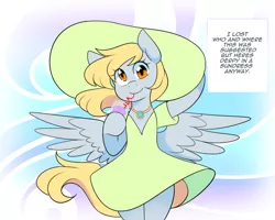 Size: 1280x1024 | Tagged: safe, artist:senseidezzy, deleted from derpibooru, derpibooru import, derpy hooves, pegasus, pony, bipedal, clothes, dress, drink, drinking, drinking straw, female, hat, jewelry, looking at you, mare, necklace, solo, sun hat, sundress