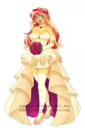 Size: 3543x5315 | Tagged: suggestive, artist:senseidezzy, banned from derpibooru, deleted from derpibooru, derpibooru import, sunset shimmer, equestria girls, beautiful, big breasts, bouquet, breasts, busty sunset shimmer, cleavage, clothes, dress, female, flower, high heels, shoes, simple background, smiling, solo, solo female, wedding dress, wedding veil