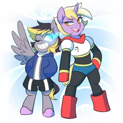 Size: 1500x1500 | Tagged: safe, artist:senseidezzy, deleted from derpibooru, derpibooru import, dinky hooves, oc, oc:aero, pegasus, pony, unicorn, armor, bipedal, clothes, cosplay, costume, crossover, duo, glowing eyes, half-siblings, jacket, offspring, older, older dinky hooves, papyrus (undertale), parent:derpy hooves, parent:oc:warden, parents:canon x oc, parents:warderp, sans (undertale), shorts, siblings, simple background, undertale