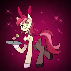 Size: 1282x1284 | Tagged: safe, artist:senseidezzy, deleted from derpibooru, derpibooru import, roseluck, earth pony, pony, bowtie, bunny ears, bunny suit, clothes, cute, cuteluck, female, leotard, looking at you, mare, no pupils, one eye closed, pantyhose, playboy bunny, shoes, solo, tray, wink